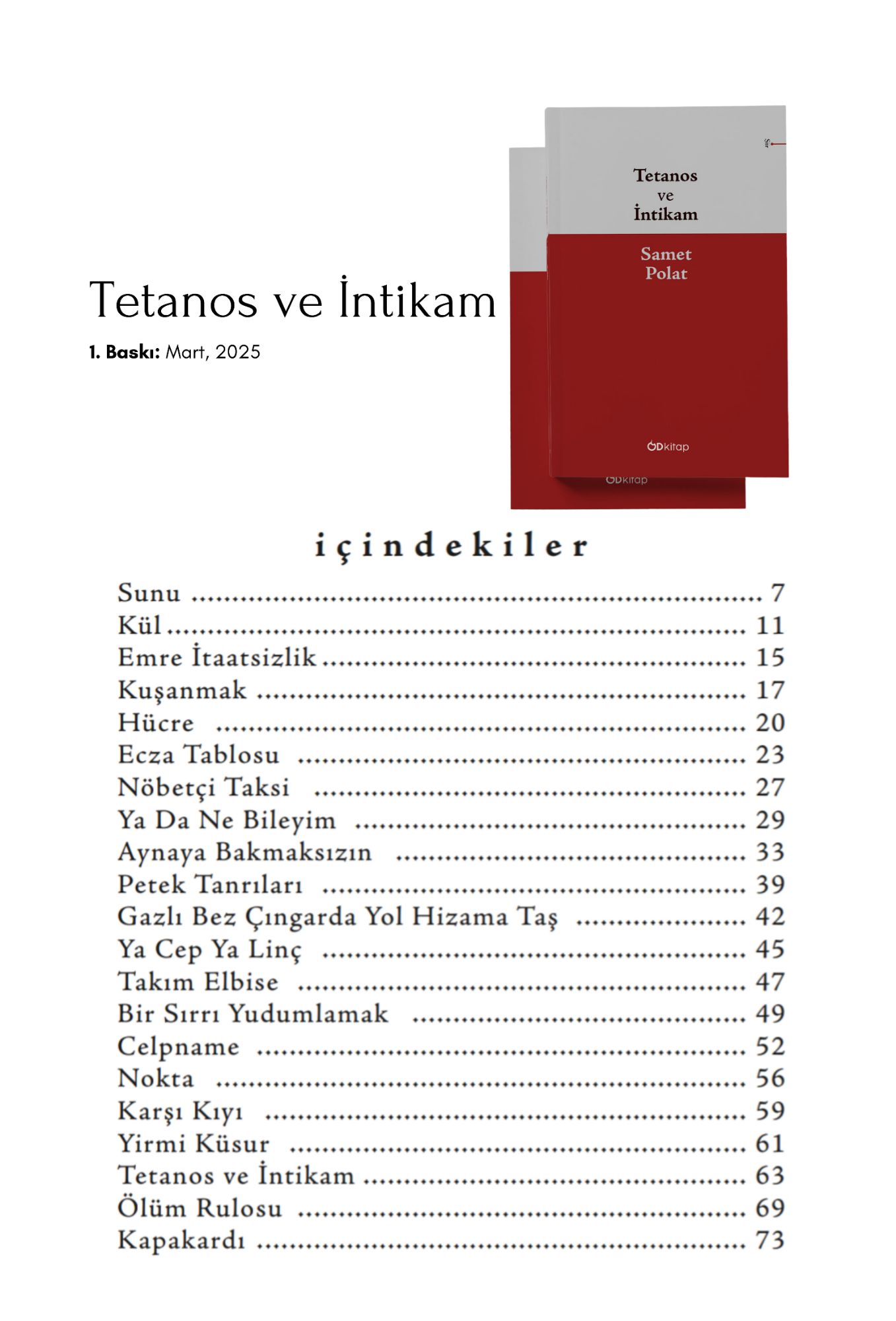 "Tetanos ve İntikam" Şiir Kitabı İçindekiler Bölümü