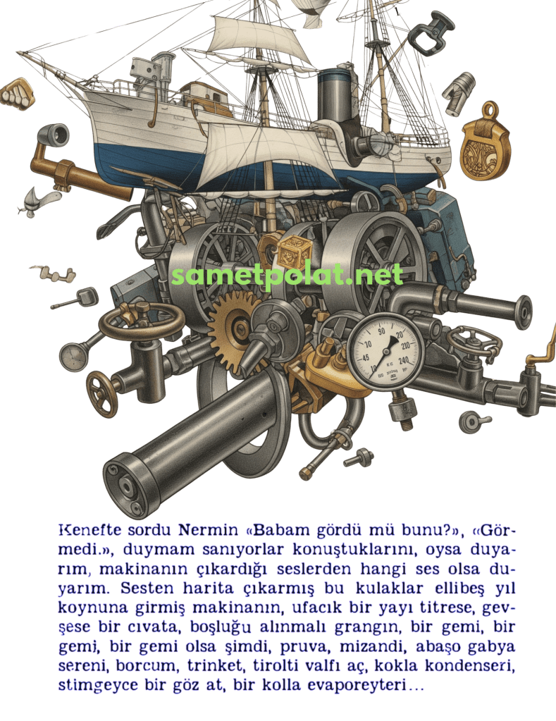 "bir gemi, bir gemi, bir gemi olsa şimdi, pruva, mizandi, abaşo gabya sereni, borcum, trinket, tirolti valfı aç, kokla kondenseri, stimgeyce bir göz at, bir kolla evaporeyteri…"