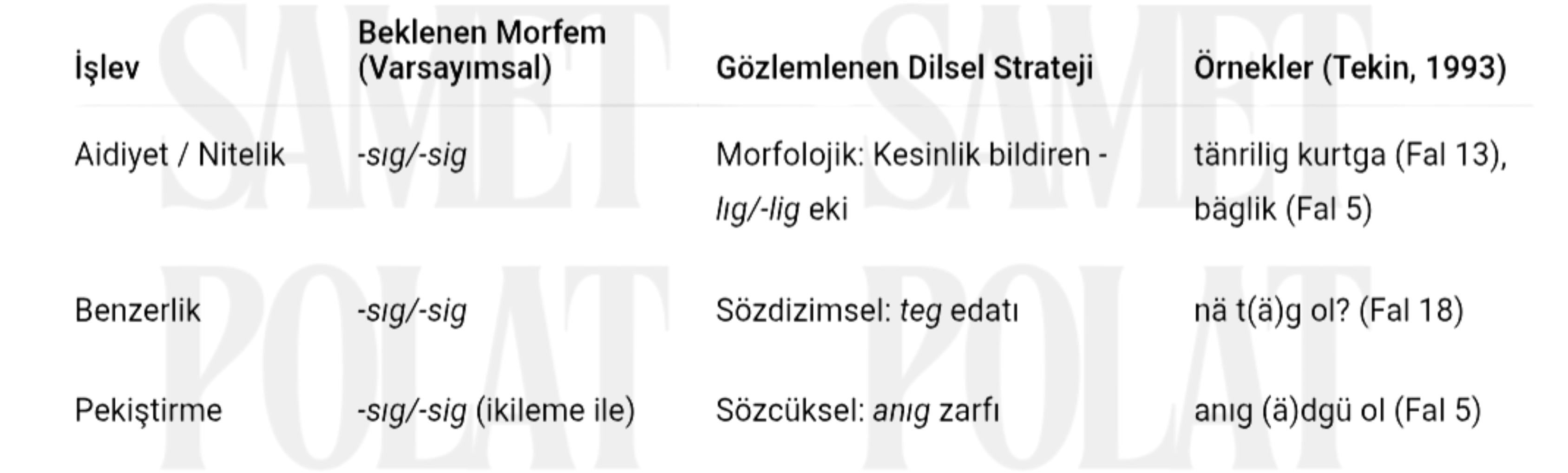 Tablo 1
Irk Bitig’de -sığ/-sig Ekinin İşlevsel Karşılıkları
