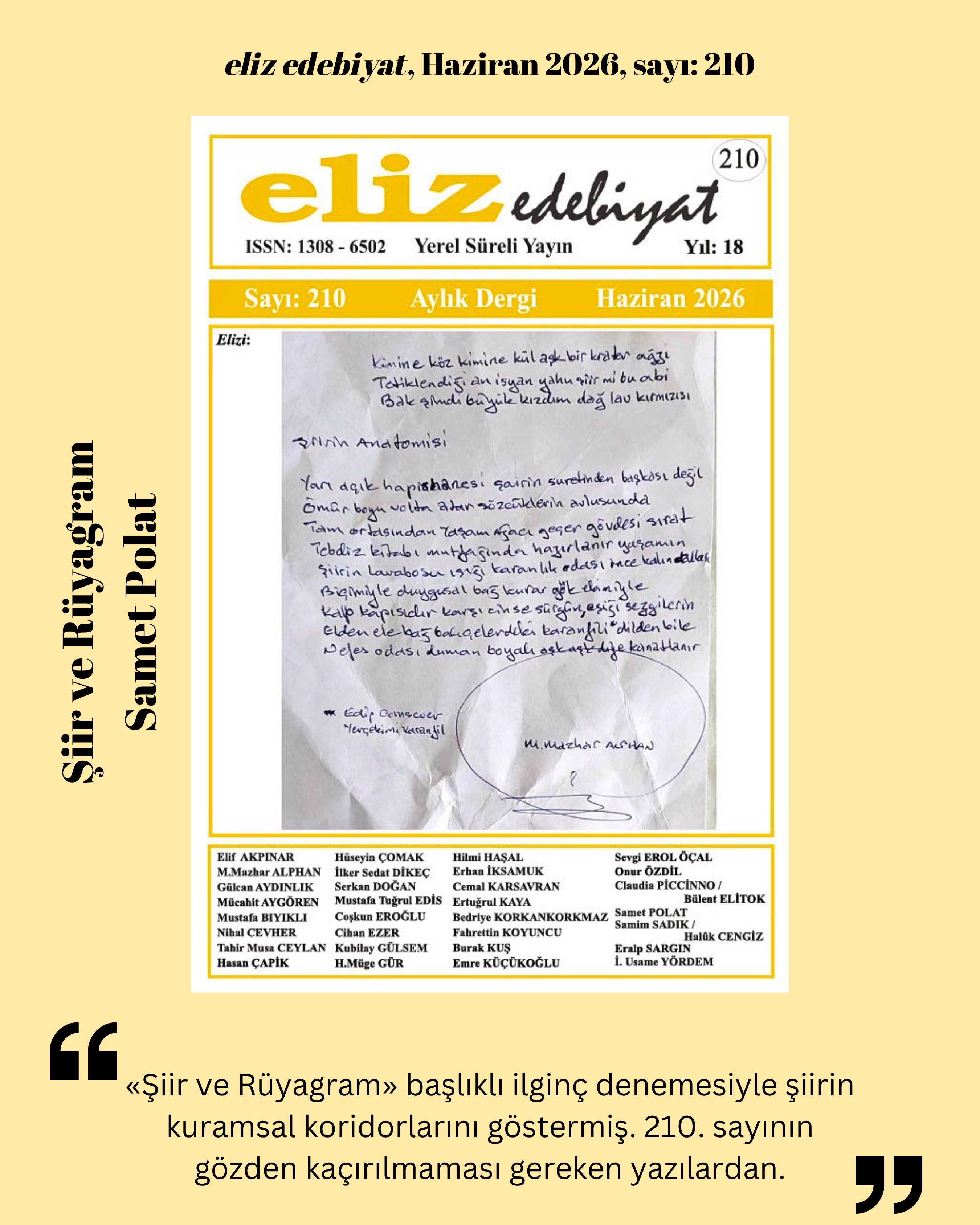 "Şiir ve Rüyagram", eliz edebiyat Haziran 2026, Sayı: 210'da | Samet Polat